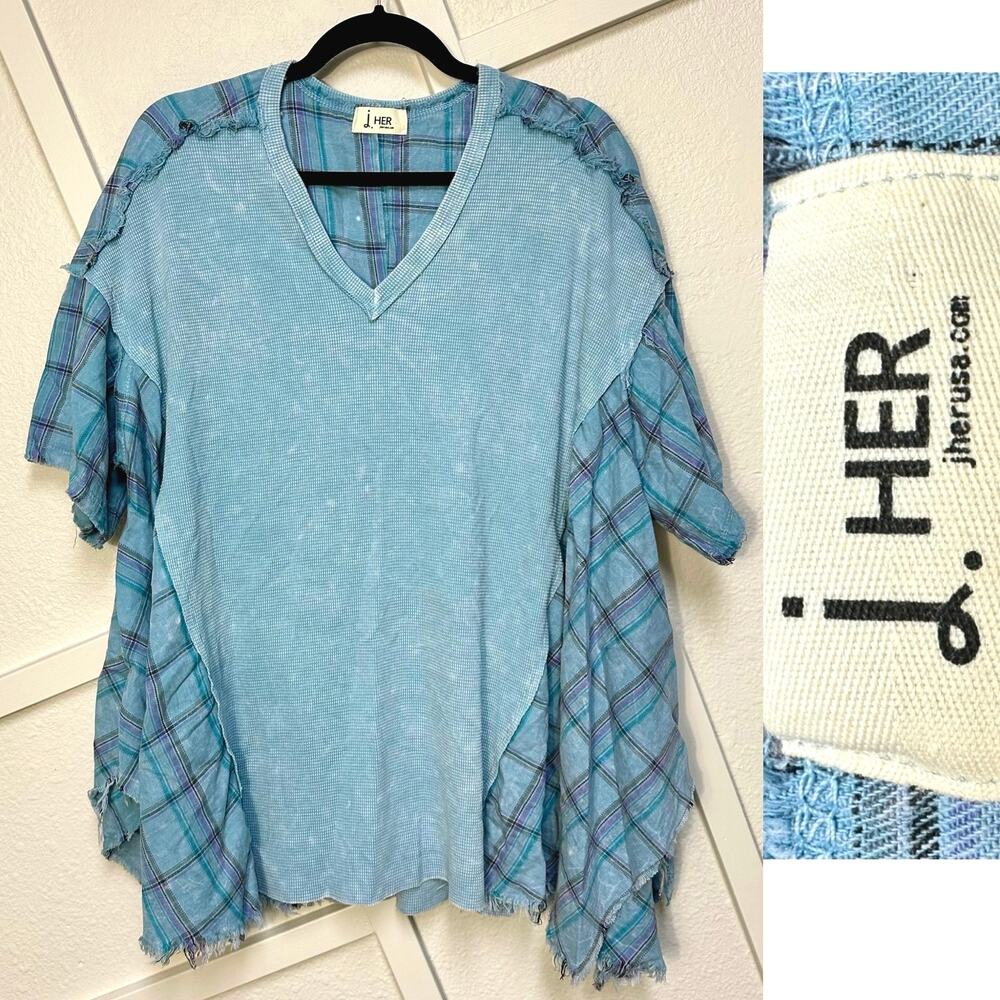J. Her Plaid Mineral Wash Mixed Media Boho Lagenlook Top Small Oversized V-Neck - Picture 2 of 7